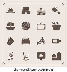 Modern, simple vector icon set with white, chair, wheel, finance, template, ball, office, vehicle, ship, musical, money, church, sign, play, cup, bear, socks, hat, energy, sack, car, religion icons