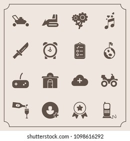 Modern, simple vector icon set with alcohol, floral, building, garden, telephone, game, account, phone, lawn, construction, wine, grass, quad, stationary, glass, bulldozer, house, nature, bike icons