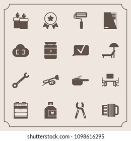 Modern, simple vector icon set with sign, industrial, first, award, wax, sound, oven, candle, winner, hammer, fire, work, dental, equipment, pot, reparation, care, wrench, flame, trumpet, place icons