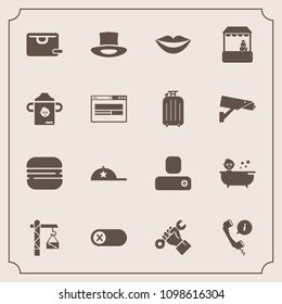 Modern, simple vector icon set with builder, support, saw, supermarket, child, switch, store, headwear, cheeseburger, food, girl, helmet, headset, energy, , off, market, construction, female icons