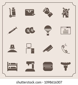 Modern, simple vector icon set with truck, burger, shipping, sale, snack, sewing, kitchen, food, science, people, human, hostel, sandwich, energy, fork, finger, bag, exploration, office, cargo,  icons