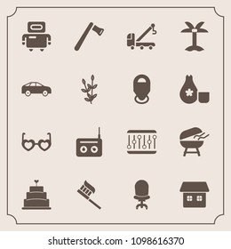 Modern, simple vector icon set with tow, tool, barbecue, house, music, fashion, sound, dessert, technology, health, construction, interior, cooking, vehicle, meat, hammer, hippie, brush, radio icons