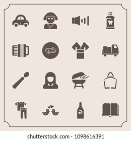 Modern, simple vector icon set with clothing, liquid, barbecue, beautiful, library, meat, geisha, fashion, cooking, dove, book, vehicle, literature, volume, grill, sound, girl, bird, face, young icons
