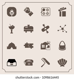 Modern, simple vector icon set with concept, roller, box, bag, folder, cleaner, marine, camp, stove, cook, file, puzzle, tent, kitchen, people, data, seashell, tool, communication, brush, shell icons