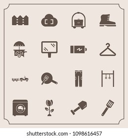 Modern, simple vector icon set with blossom, flower, hotel, footwear, street, delivery, housework, clothing, truck, spring, white, fashion, cloud, wash, pan, travel, style, leather, pants, fence icons
