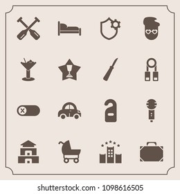 Modern, simple vector icon set with music, bedroom, vehicle, oar, culture, home, transport, off, baby, boat, deactivate, internet, pram, vacation, hotel, object, car, bag, child, security, voice icons