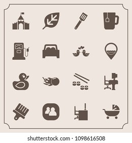 Modern, simple vector icon set with play, drawing, group, office, nature, plant, brush, duck, seafood, work, tree, table, pan, kitchen, castle, gas, cup, desk, medieval, leaf, cooking, rubber icons