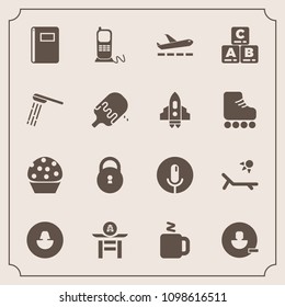 Modern, simple vector icon set with avatar, page, telephone, food, sweet, airplane, record, culture, hot, communication, doughnut, user, toy, vacation, cake, sunny, summer, travel, human, cup icons