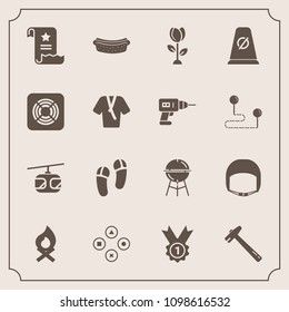 Modern, simple vector icon set with sky, equipment, hotdog, spring, cooking, game, blossom, worker, flame, food, spanner, rail, grill, helmet, business, hot, tool, belt, nature, flower, play icons