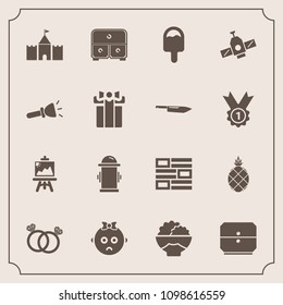 Modern, simple vector icon set with tower, romance, food, tropical, fresh, fire, internet, art, child, baby, kid, drawing, hydrant, electric, exotic, station, present, department, flashlight icons