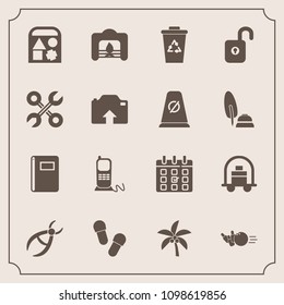 Modern, simple vector icon set with tropical, book, leaf, home, bowling, service, telephone, toy, drill, garbage, schedule, palm, fireplace, slipper, hotel, christmas, bellboy, dentistry, clinic icons