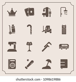Modern, simple vector icon set with poker, reparation, immigration, tool, queen, island, gym, travel, paper, passport, sport, play, page, bus, orchestra, service, music, king, equipment, musical icons
