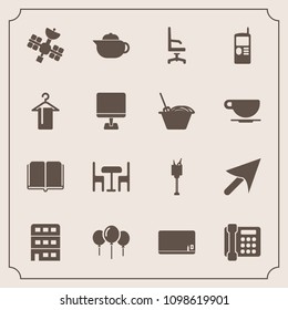 Modern, simple vector icon set with chair, education, teapot, mobile, bucket, decoration, breakfast, sign, satellite, architecture, vintage, birthday, communication, computer, literature, city icons
