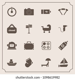 Modern, simple vector icon set with astronaut, power, fashion, care, button, summer, off, hygiene, winter, object, battery, umbrella, brush, warm, gas, helmet, leather, space, chair, photography icons
