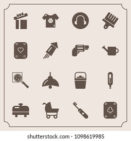 Modern, simple vector icon set with game, poker, water, carriage, festival, event, pram, clothing, celebration, bucket, paint, search, child, temperature, firework, magnifier, brush, sign, box icons