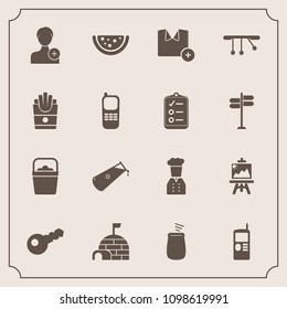 Modern, simple vector icon set with french, vintage, cell, chemical, house, key, shirt, potato, telephone, arctic, restaurant, bucket, music, t-shirt, account, percussion, mobile, phone, snow icons