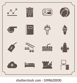 Modern, simple vector icon set with real, kitchen, id, whistle, hotel, soccer, work, game, cloud, salmon, equipment, keyboard, graph, travel, football, bed, chart, referee, object, identity, add icons