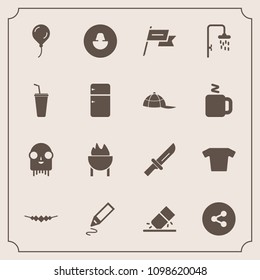 Modern, simple vector icon set with stationery, monster, meat, cutlery, decoration, fork, fiction, grill, birthday, clothing, rubber, internet, nation, ufo, education, fashion, pen, profile icons