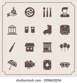 Modern, simple vector icon set with mask, male, decoration, kamon, equipment, play, umbrella, interior, projection, celebration, home, poker, bag, sack, spoon, video, summer, protection, sea icons