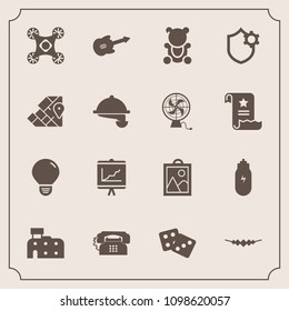 Modern, simple vector icon set with annual, restaurant, bulb, casino, guitar, document, phone, picture, teddy, accessory, waitress, necklace, cute, gambling, camera, idea, world, communication icons