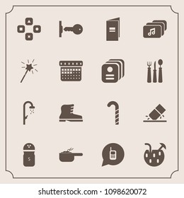 Modern, simple vector icon set with spice, juice, white, drink, dinner, education, sign, water, telephone, key, play, glass, ringing, security, fun, dish, style, salt, door, seasoning, candy icons