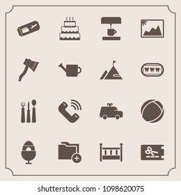 Modern, simple vector icon set with travel, flight, car, cake, file, child, restaurant, food, photo, childhood, folder, business, cradle, dessert, ticket, fork, picture, pie, holiday, discount icons