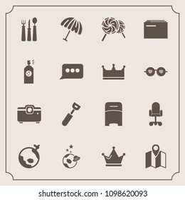 Modern, simple vector icon set with royal, chair, projector, space, knife, cooking, science, spoon, kitchen, double, road, office, bedroom, queen, world, pin, protection, file, rain, food, sweet icons