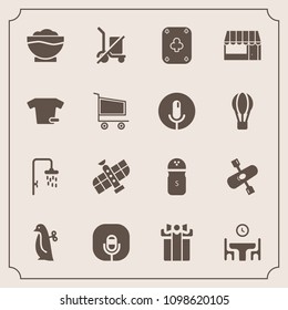 Modern, simple vector icon set with restaurant, sound, supermarket, celebration, seasoning, penguin, dinner, food, kayaking, game, radio, kayak, space, shopping, pepper, shipping, water, planet icons
