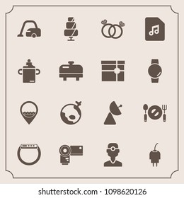 Modern, simple vector icon set with watch, world, food, plate, ring, cake, flight, business, home, airplane, dessert, engagement, energy, clinic, sweet, spoon, medicine, signal, gadget, domestic icons