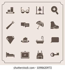Modern, simple vector icon set with science, parasol, apron, zoom, fashion, glass, laboratory, uniform, eye, cook, luggage, bubble, headwear, eyeglasses, travel, home, diamond, entertainment, tv icons
