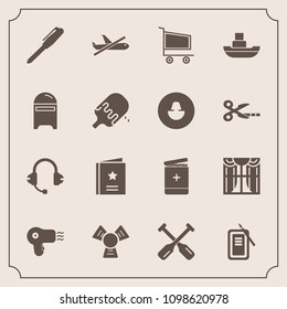 Modern, simple vector icon set with hairdryer, music, japan, cold, ship, cooler, favour, interior, paddle, water, dryer, ink, travel, sound, airplane, trolley, boat, stationery, home, market icons