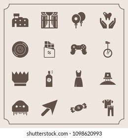 Modern, simple vector icon set with candy, dress, city, paint, spaceship, window, astronaut, fiction, clothing, king, interior, exploration, celebration, web, architecture, crown, lollipop, ufo icons