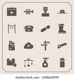 Modern, simple vector icon set with construction, cloud, mobile, baby, pesticide, white, trumpet, food, spice, spray, internet, chocolate, bar, pepper, dessert, saw, event, direction, hat, toy icons
