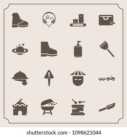 Modern, simple vector icon set with shipping, travel, sound, boot, musical, technology, luggage, knife, dinner, cooking, restaurant, meat, instrument, barbecue, medieval, cutlery, exclamation,  icons