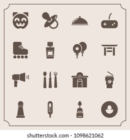 Modern, simple vector icon set with real, thermometer, cake, estate, kitchen, pacifier, restaurant, baby, king, strategy, kitty, avatar, fork, kid, house, coffee, drink, game, communication, hot icons
