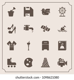 Modern, simple vector icon set with cake, skate, traditional, wine, drink, sport, ice, nature, video, diskette, camera, alcohol, animal, street, doughnut, dessert, play, background, road, handle icons