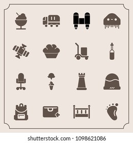 Modern, simple vector icon set with foot, car, school, cap, add, office, fashion, strategy, sign, chess, home, icecream, monster, ice, headwear, cargo, rocket, baby, space, chair, cream, game icons