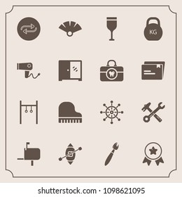 Modern, simple vector icon set with wrench, post, equipment, mailbox, travel, box, sensu, red, glass, award, exercise, japanese, helm, ship, hammer, replace, piano, paint, spanner, winner, boat icons