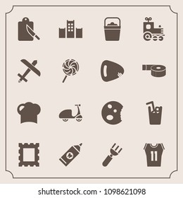 Modern, simple vector icon set with spoon, object, hygiene, drink, dessert, juice, bed, dinner, travel, train, bicycle, doughnut, picture, cycle, ride, photo, handle, frame, water, restaurant icons