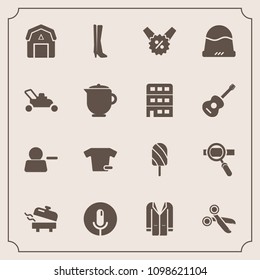 Modern, simple vector icon set with jacket, natural, technology, style, staple, laptop, footwear, pictogram, sign, boiler, lawn, microphone, home, account, water, price, ice, delete, grass, cap icons