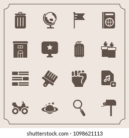 Modern, simple vector icon set with nation, brush, trash, newspaper, internet, add, national, file, map, planet, dirt, world, glass, earth, global, white, people, quad, post, paint, garbage, can icons