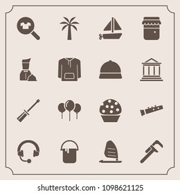 Modern, simple vector icon set with repair, doughnut, music, boat, ocean, reparation, screwdriver, industrial, clothes, female, cake, musical, clothing, construction, sound, equipment, sea, food icons