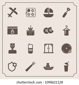 Modern, simple vector icon set with travel, window, flight, boat, phone, sea, business, aircraft, album, vessel, cook, doctor, beverage, toy, house, medical, hospital, oven, kitchen, airplane icons