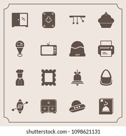 Modern, simple vector icon set with restaurant, interior, location, clothing, sailboat, home, boat, cake, fashion, dessert, cap, technology, screen, picture, alarm, cabinet, headwear, ship, game icons