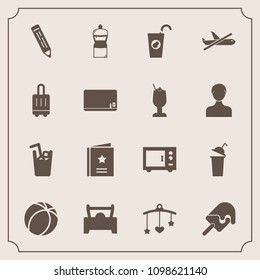 Modern, simple vector icon set with cream, pencil, travel, drink, sweet, oven, bed, cleaner, favorite, microwave, car, kitchen, healthy, ice, mobile, sign, baby, baggage, cup, juice, flight, toy icons