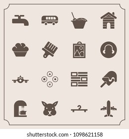 Modern, simple vector icon set with cake, computer, crane, ice, cream, cafe, estate, departure, plane, transport, road, dessert, newspaper, flight, news, building, fashion, food, water, speed icons