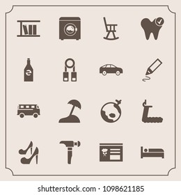 Modern, simple vector icon set with sport, drink, fashion, gym, hammer, girl, sea, transport, housework, travel, menu, world, fitness, library, bottle, treadmill, dental, speed, beach, bus, high icons