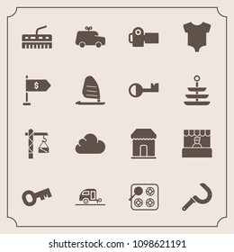 Modern, simple vector icon set with grocery, play, clothes, keyboard, clothing, store, camera, supermarket, harvest, agriculture, child, hammer, construction, baby, gas, technology, saw, travel icons