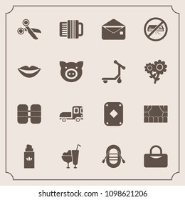Modern, simple vector icon set with animal, dessert, conditioner, perfume, envelope, delivery, sweet, mail, ice, travel, tool, fashion, music, sailboat, lips, ship, girl, poker, sport, truck icons