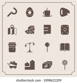 Modern, simple vector icon set with guitar, pin, cafe, education, map, cappuccino, textbook, agriculture, justice, ball, coffee, judge, book, candy, harvest, library, balance, food, water, play icons